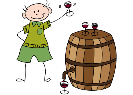 Illustration med person som dricker rödvin ur tunna.