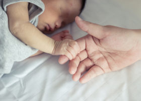 Nyfödd håller vuxens hand