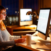 Kvinna jobbar sent vid sin dator
