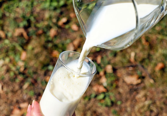 Mjölk hälls upp i glas ur kanna intill gräsmatta