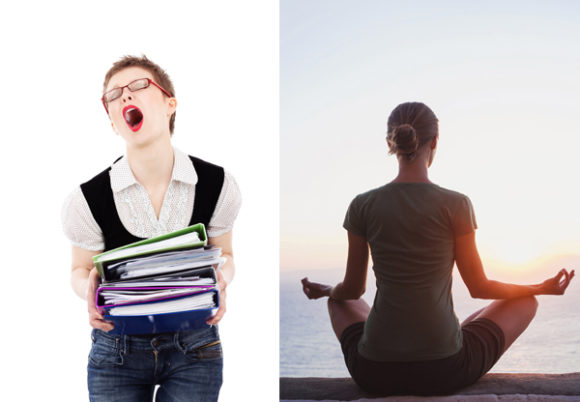 stressad kvinna och en som mediterar