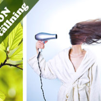 texten grön omställning kvinna fönar håret hudterapeut johanna bjurström., gröna blad och orden grön omställning