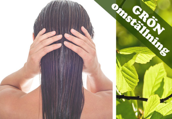 hudterapeuten johana bjurström långt hår bakifrån och gröna blad samt texten grön omställning