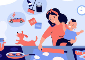 Illustration av stressad mamma i köket med barn på höften