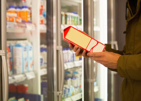 Manshand håller neutral mjölkförpackning intill butikshyllor med mejeriprodukter