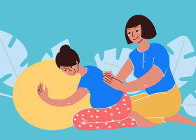Illustration av en doula som stöd till en gravid kvinna