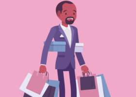 Illustrerad bild på en man som bär flera kassar och har shoppat för mycket