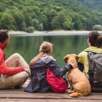 Familj med hund på brygga blickar ut över sjö och skog