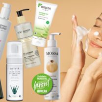Collage: kvinna som tvättar ansiktet och 6 rengöringsprodukter