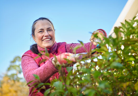 kvinna klipper buske