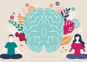 Illustration av hjärna och två mediterande personer