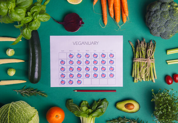 Grönsaker och kalender för Veganuary på grön bakgrund