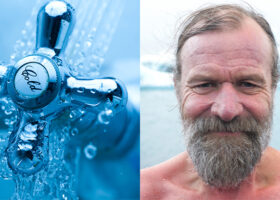 Collage: närbild på kallvattenkran + Wim Hof
