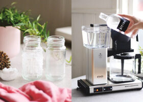 Collage: glasburkar och en kaffekokare som rengörs med ättika