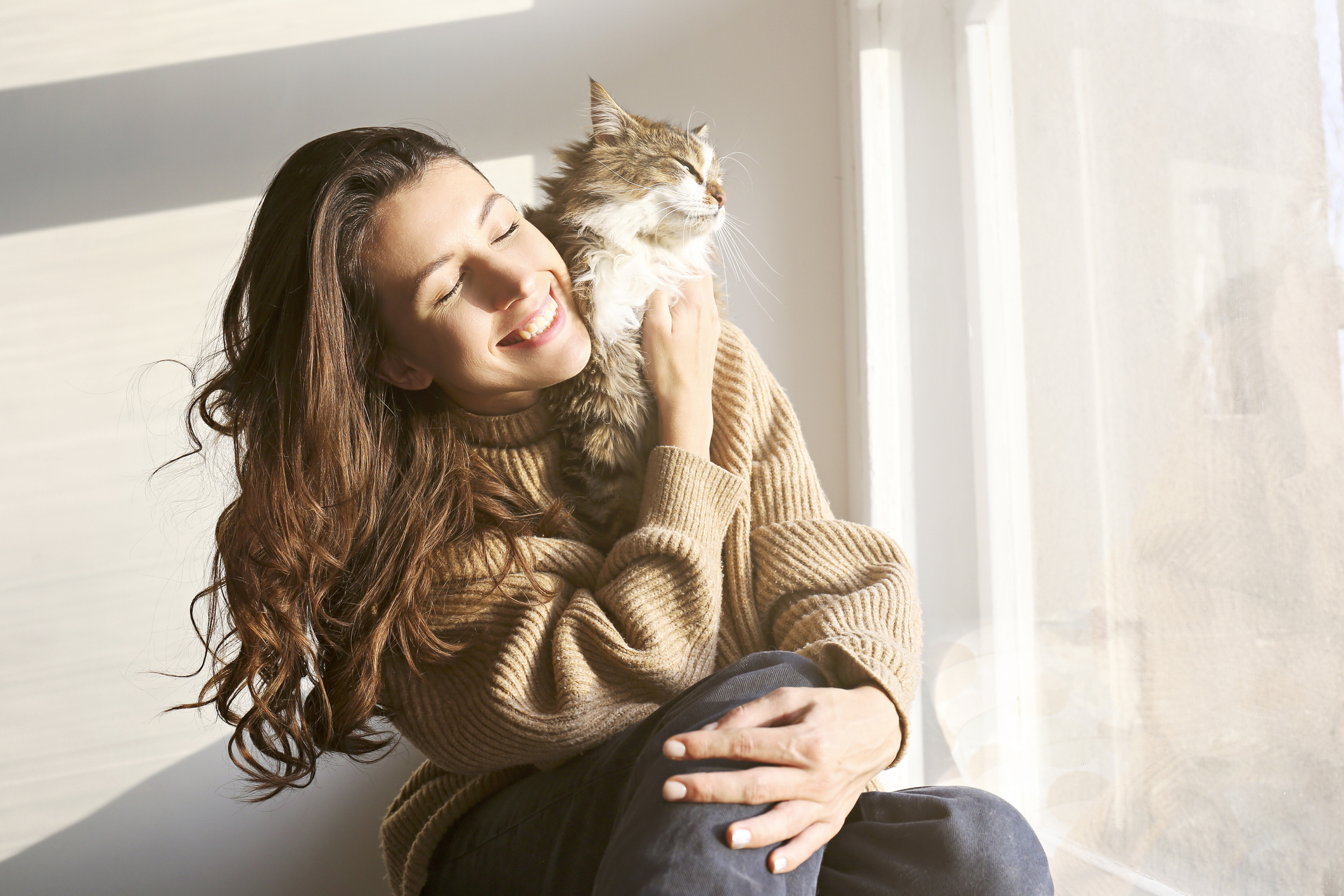 Katt kelar med sin kvinnliga ägare i ljust rum