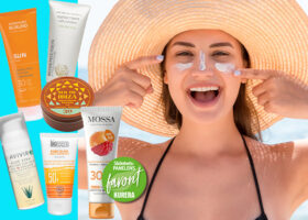 Collage: solkrämer för ansiktet + ung kvinna i solhatt som smörjer in ansiktet