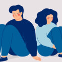 Illustration av man och kvinna sittande med ryggen mot varandra