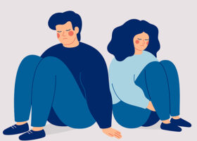 Illustration av man och kvinna sittande med ryggen mot varandra