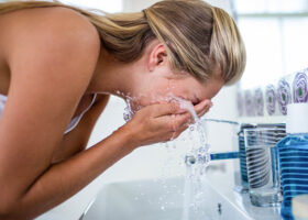 Kvinna tvättar ansiktet i handfat