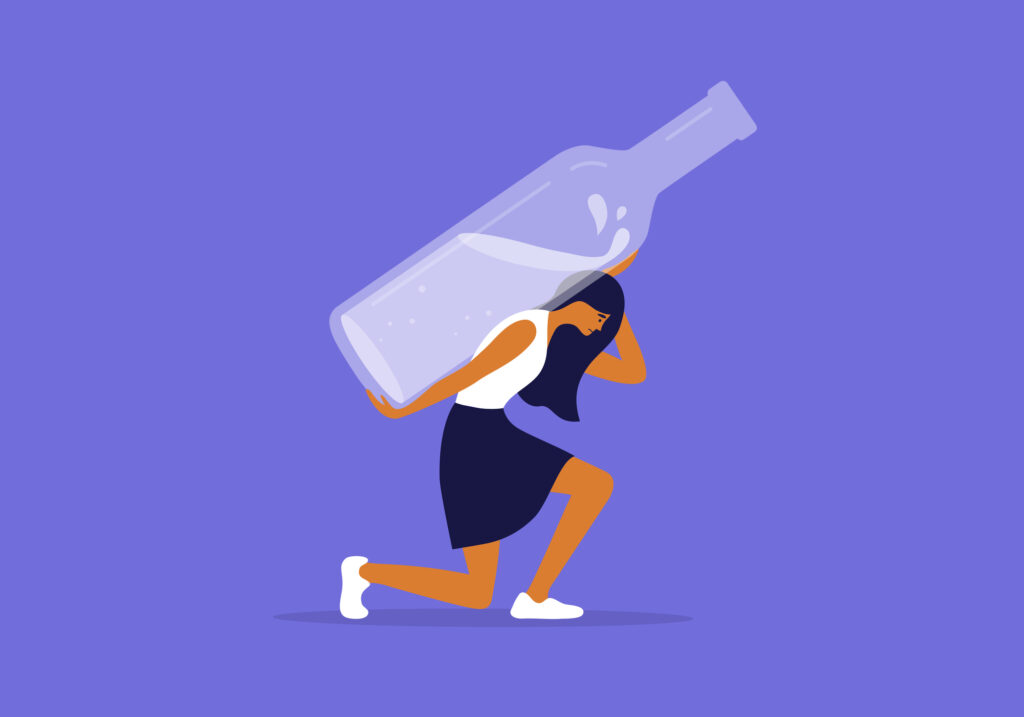 Illustration av kvinna som knäar under vikten av en spritflaska