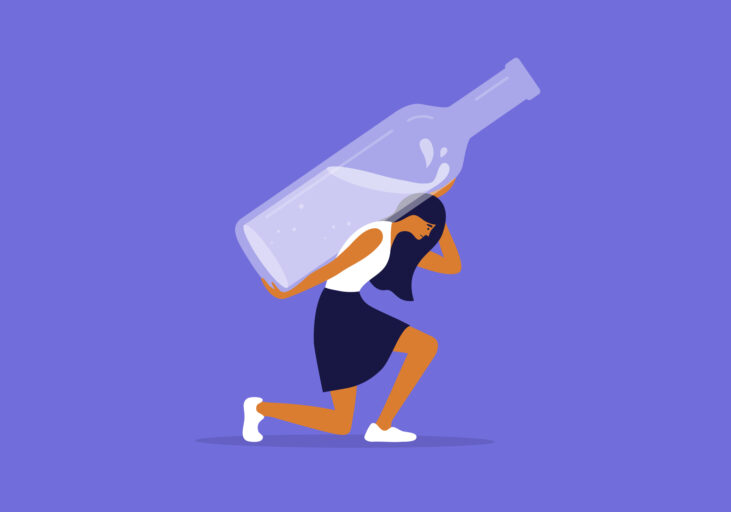 Illustration av kvinna som knäar under vikten av en spritflaska