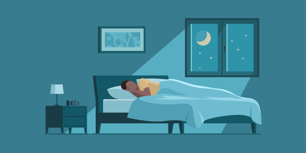 Illustration av kvinna som sover i mörkt rum
