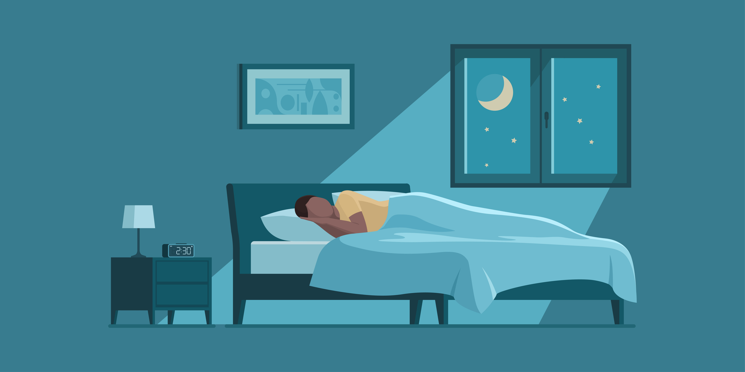 Illustration av kvinna som sover i mörkt rum