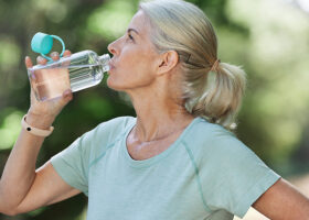 Kvinna i profil dricker ur vattenflaska
