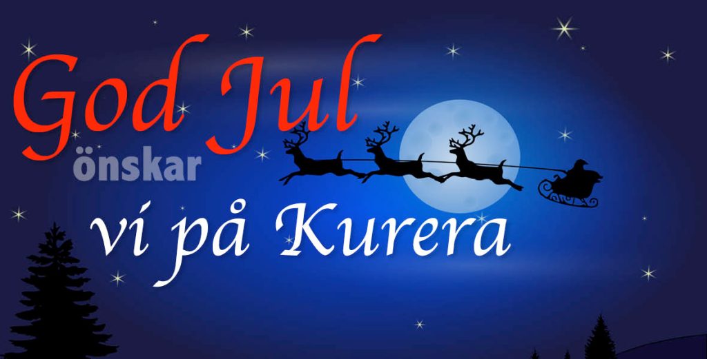 God jul önskar Kurera, text mot blå nattbakgrund med tometens släde och renar