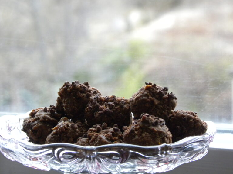 Rawfood apelsin-och chokladbollar på ett glasfat