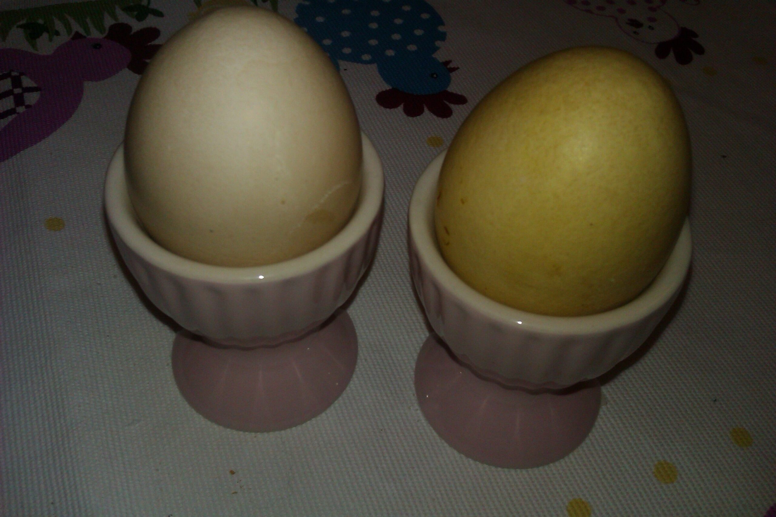 Två ägg i rosa äggkoppar. Det ena gult, färgat med saffran, det andra beige, färgat med rödbeta