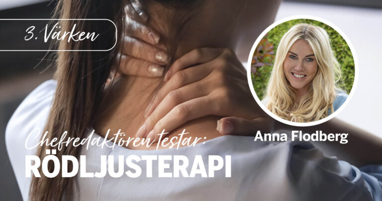 Collage: Närbild på kvinna bakifrån som håller om nacken, och infälld bild på Anna Flodberg + texten "Kurera testar rödljusterapi"