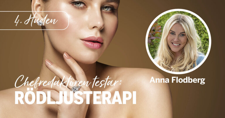Ung kvinna med vacker hy mot brun bakgrund, + inklippt porrtättfoto av Kureras chefredaktör Anna Flodberg och texten "Chefredaktören testar: Rödlsjusterapi"