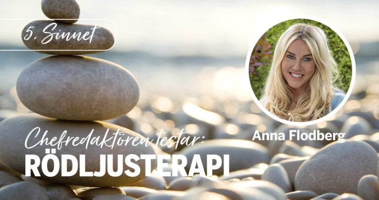 Kollage: bild på stenar på en strand och infällt foto på Anna Flodberg + texten Kurera testar rödljusterapi