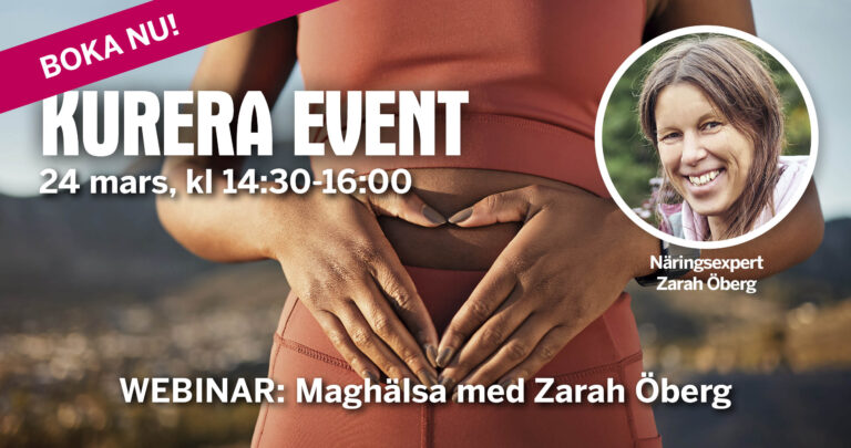 Marknadsföringsbild av Kureras event om maghälsa 24 mars 201´24, med närbild på kvinnas mage och händer som bildar ett hjärta framför magen, samt infälld bild på experten Zarah Öberg