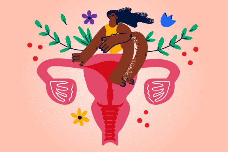 Woman sit on uterus with flowers show care to female health. Girl demonstrate self-love and self-care. Menstruation period and healthcare concept. Love yourself. Vector illustration.