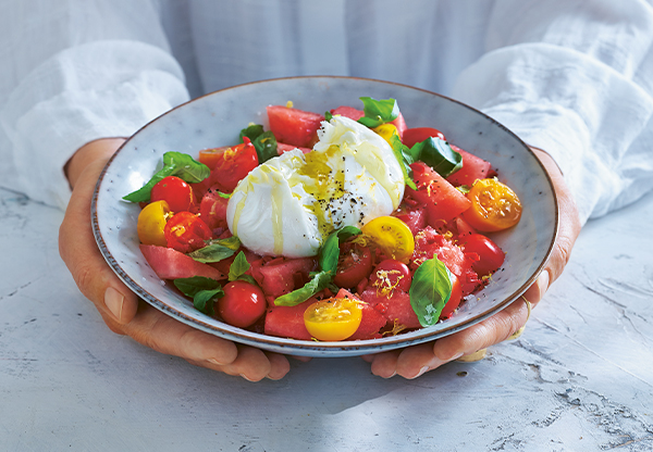 Mozarellasallad med tomater och vattenmelon