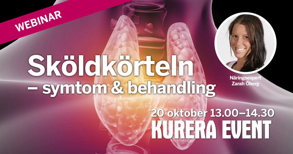 Illustration av sköldkörtel + foto på Zarah Öberg och text om Kureras liv-webinar om en frisk sköldkörtel