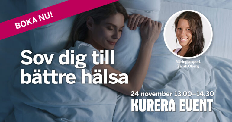 Reklambild på en sovande kvinna i en säng med info om Kureras webinar om sömn 24 nov 2024